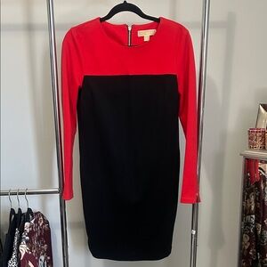 Michael Kors Elegant Red and Black Long Sleeve Dress